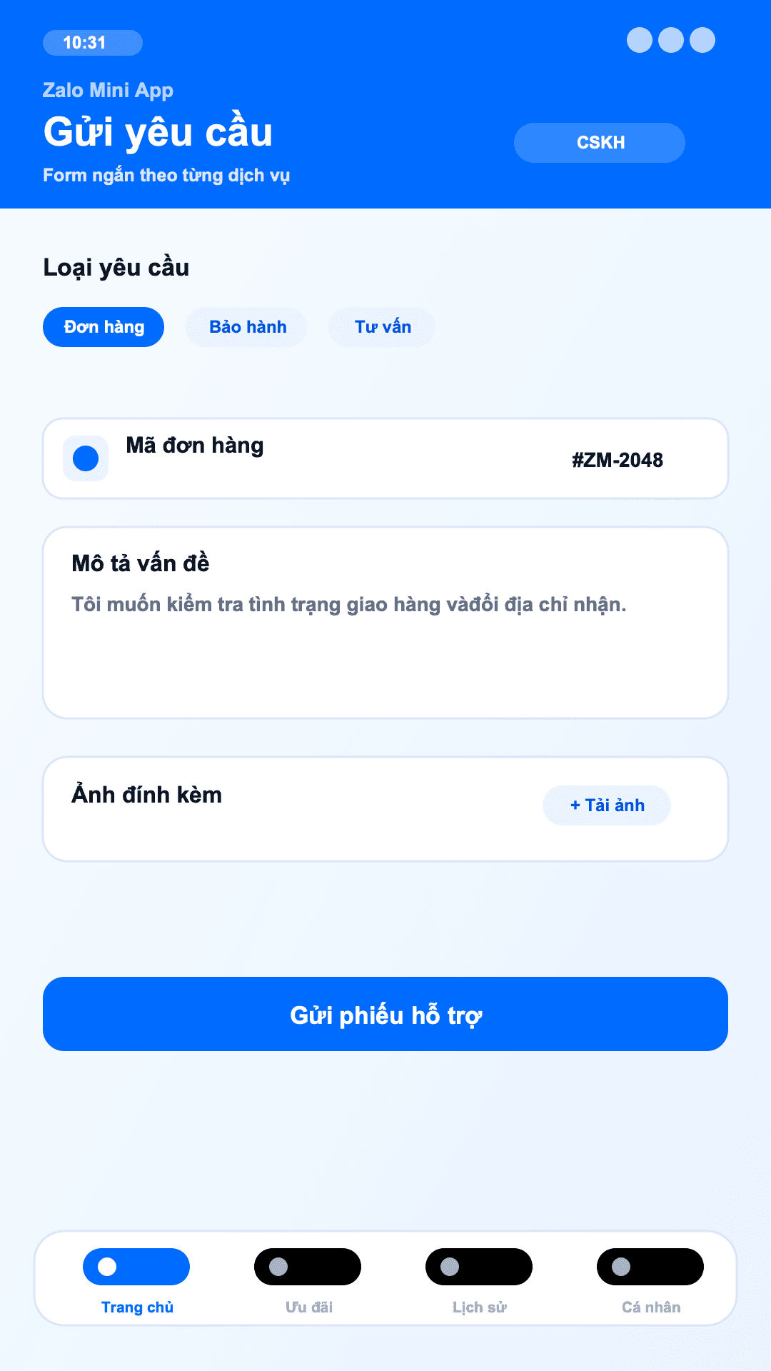 CSKH tự động - màn hình Gửi yêu cầu