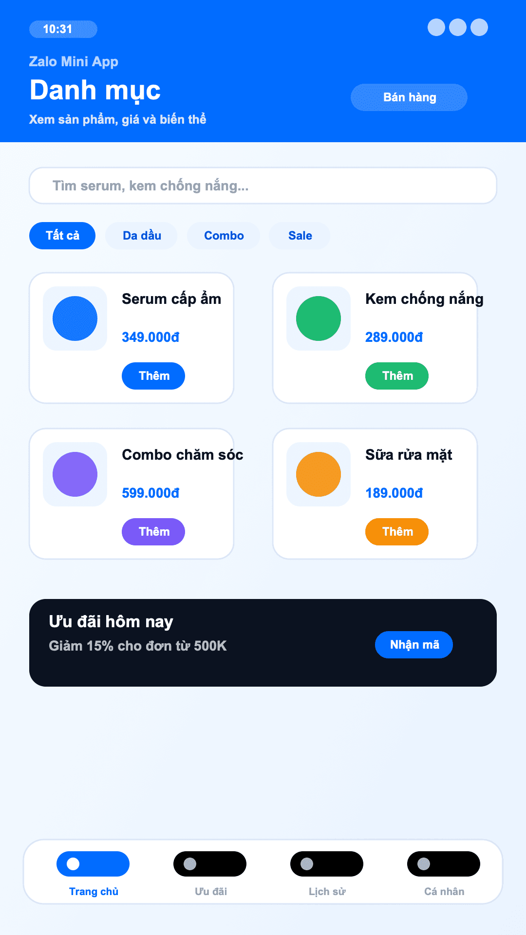 Mini App bán hàng - màn hình Danh mục