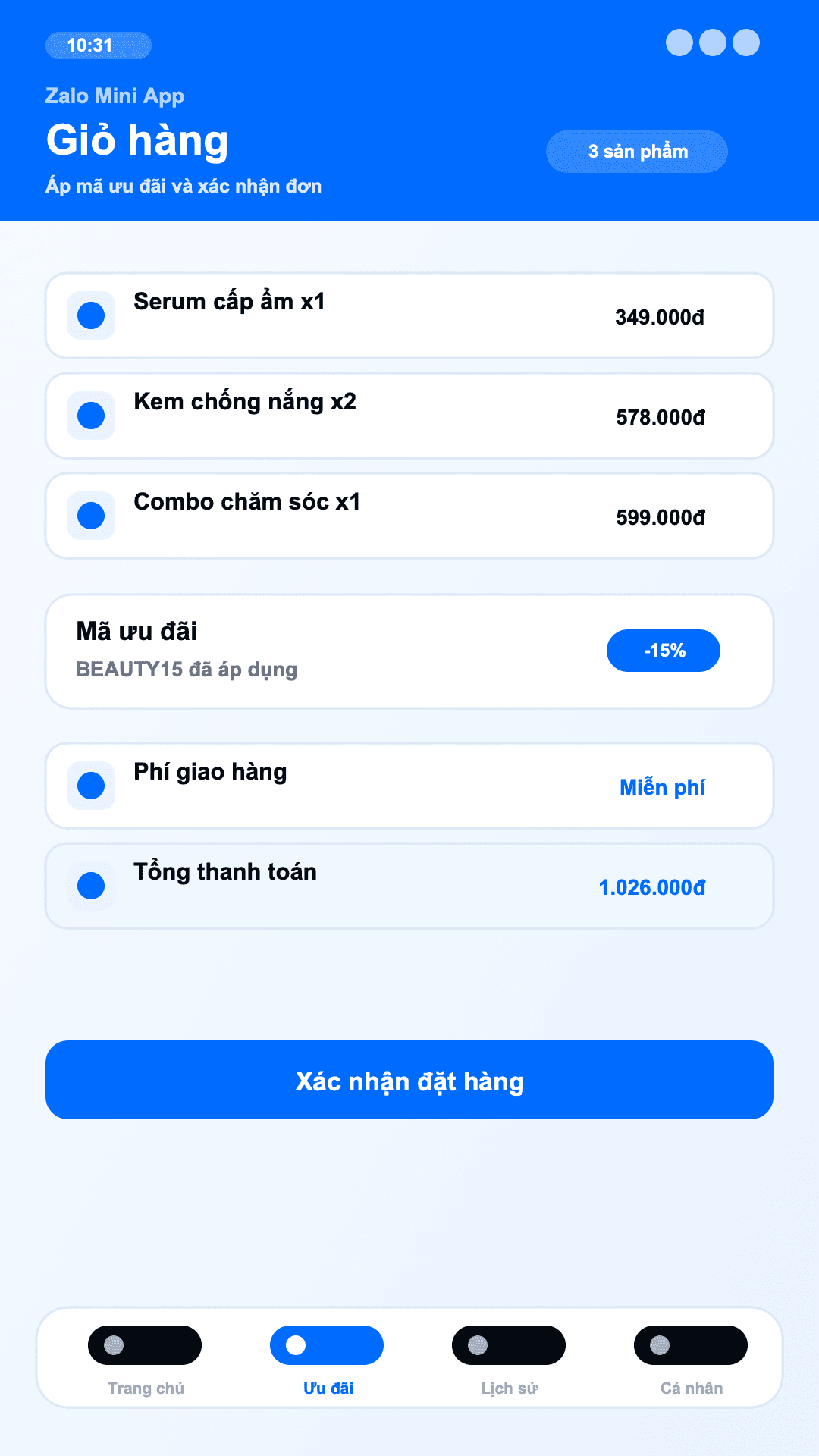 Mini App bán hàng - Giỏ hàng
