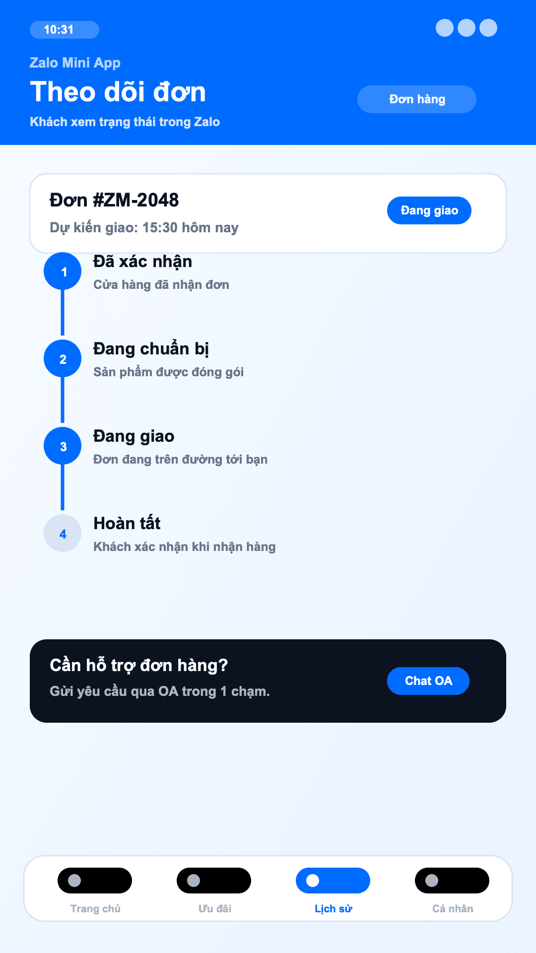 Mini App bán hàng - Theo dõi đơn
