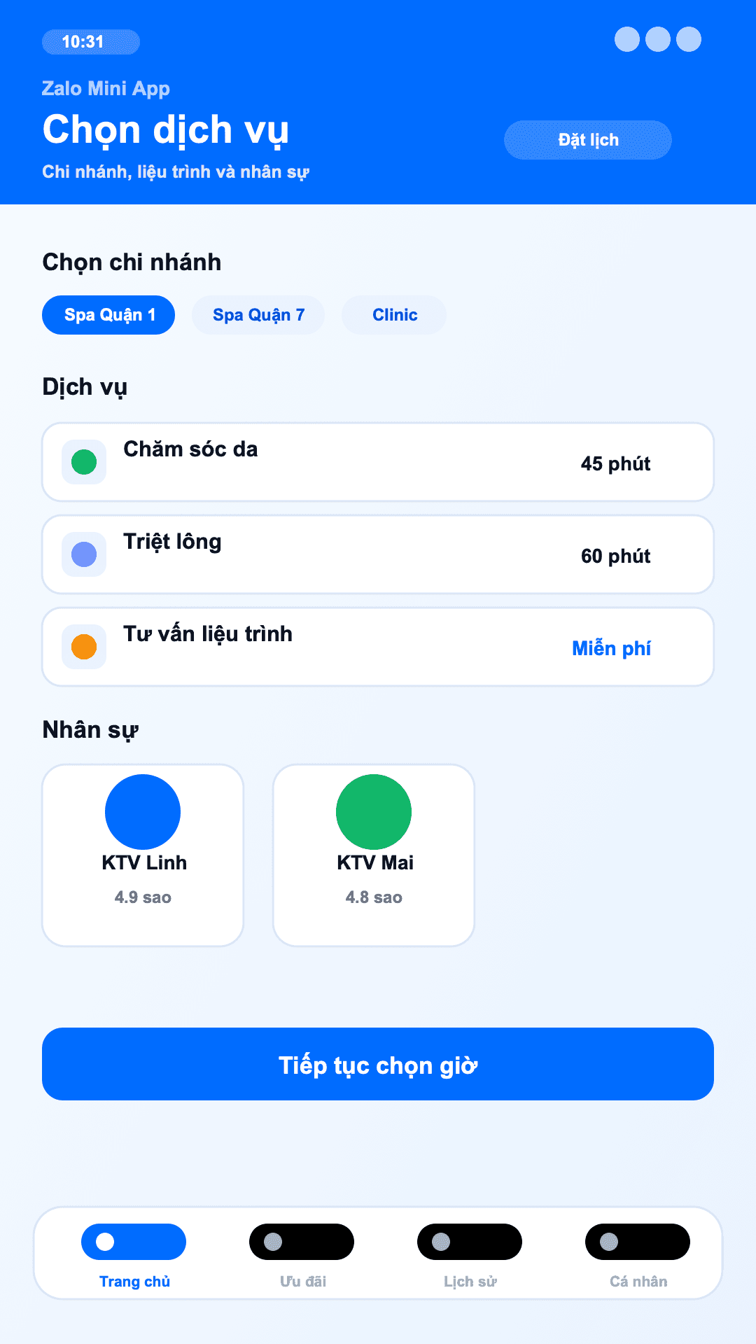 Mini App đặt lịch - màn hình Chọn dịch vụ