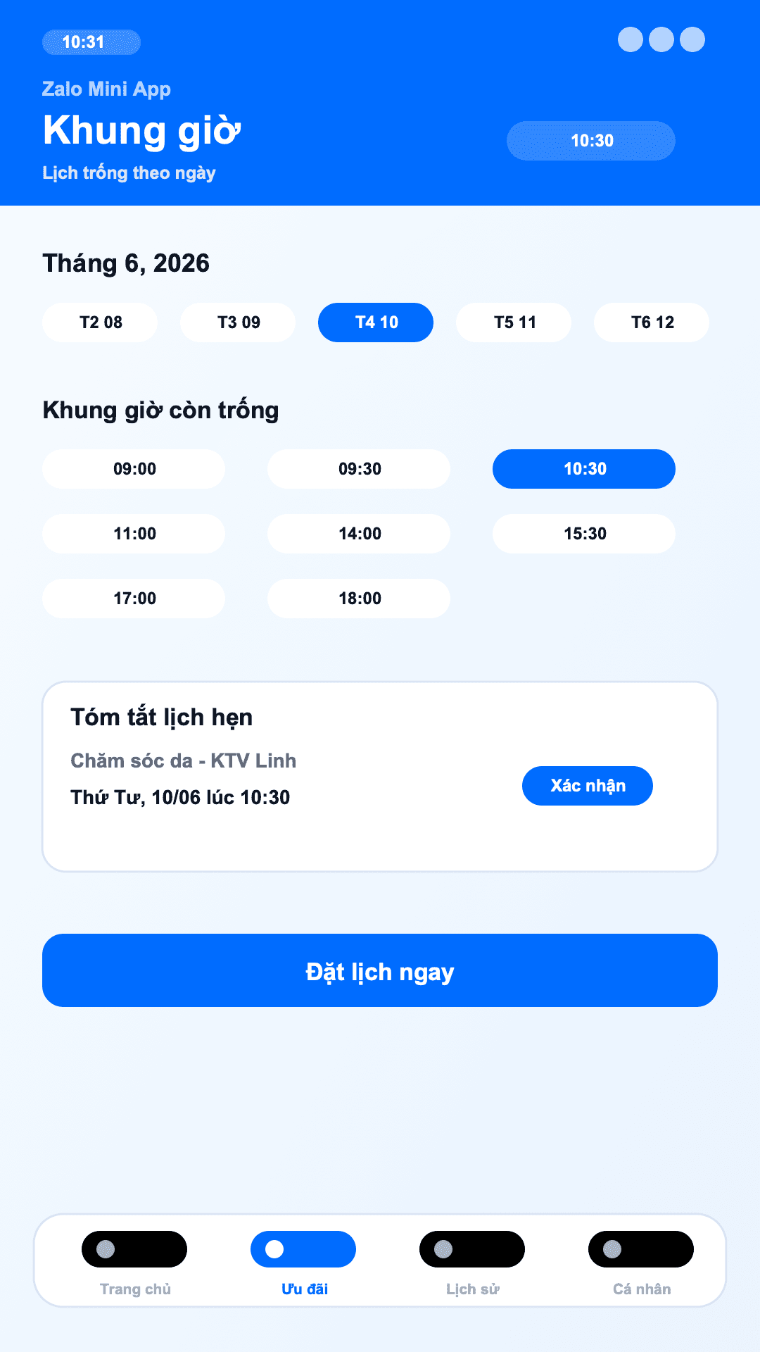 Mini App đặt lịch - Khung giờ