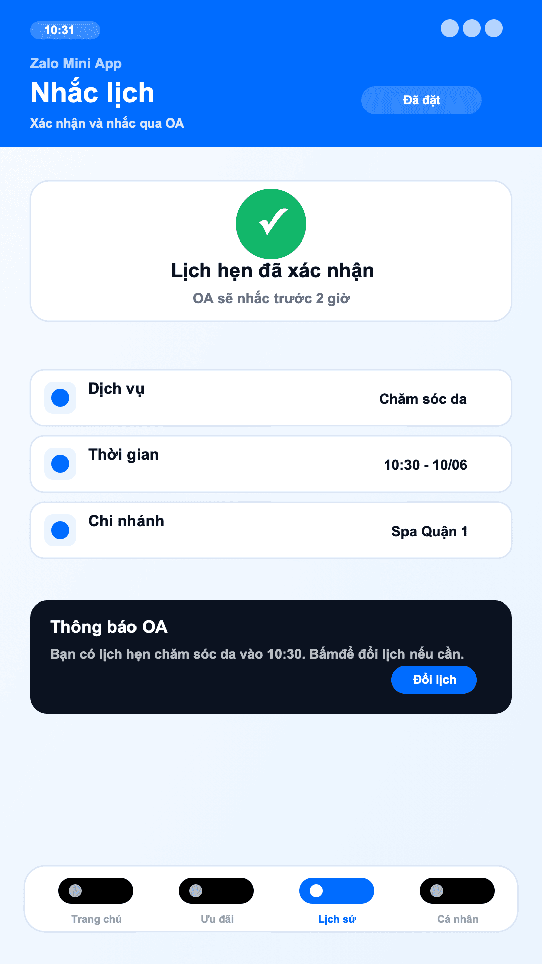 Mini App đặt lịch - Nhắc lịch